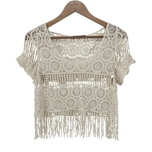 Dulcie‎ Women's Small 100% Cotton Crochet Crop Top Ivory Fringe Hippie Boho